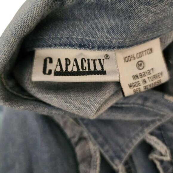 Vintage 90s Denim Tuxedo Ruffle Button Up Western Shirt Womens M Blue - Picture 6 of 7